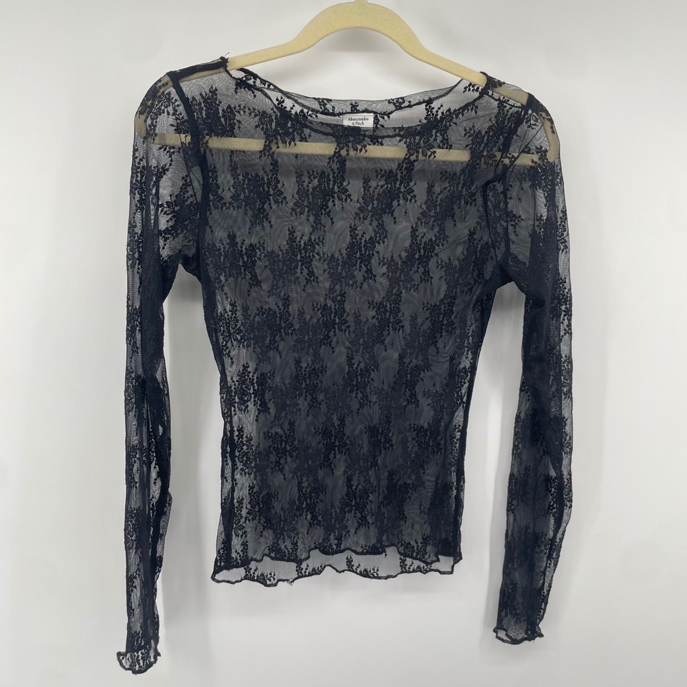 Abercrombie & Fitch Lace Top Womens Small Black Sheer Floral Mesh Long Sleeve